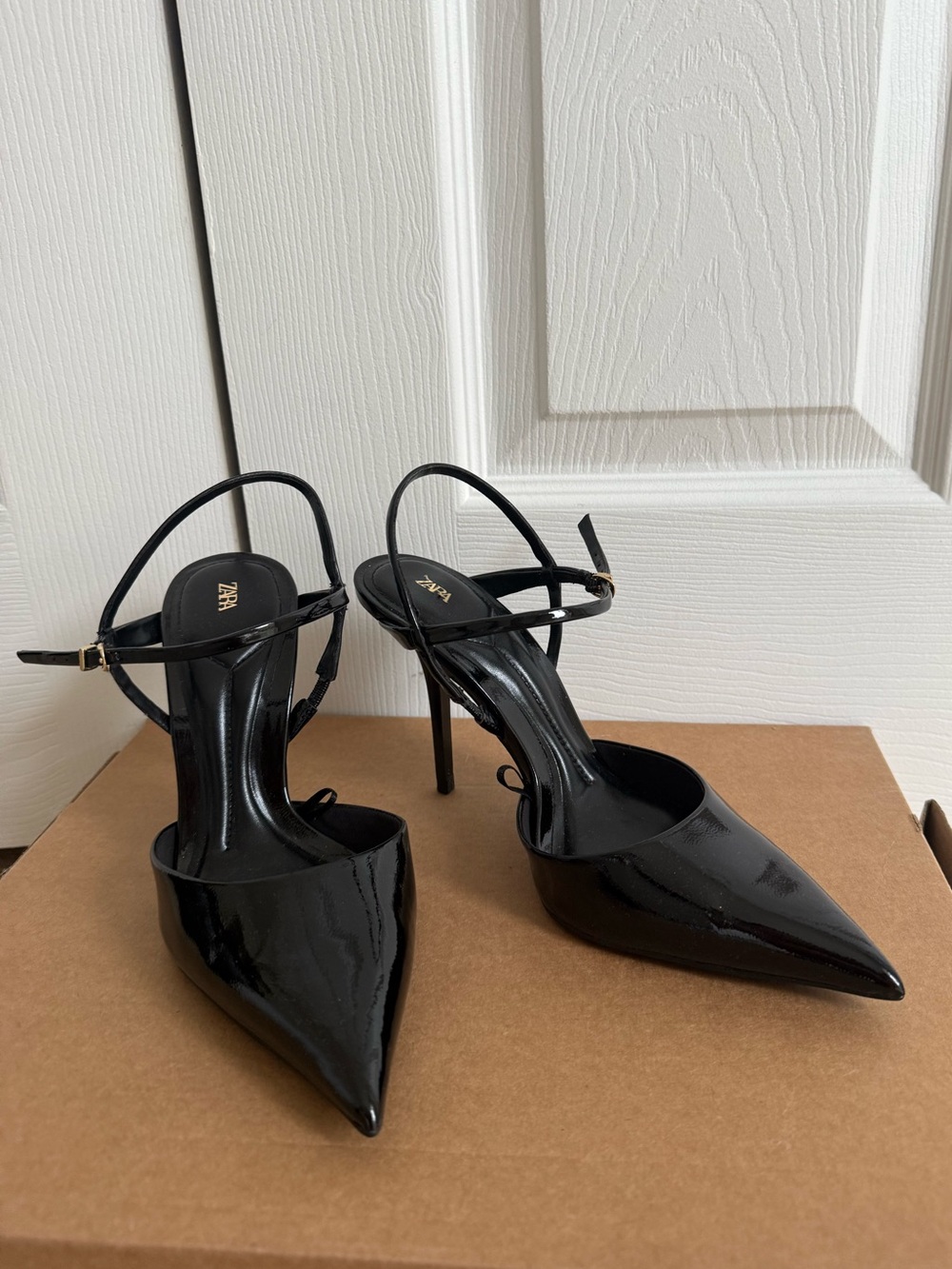 Zara Black Patent Pointed Toe Stiletto Heels with Slim Ankle Straps
